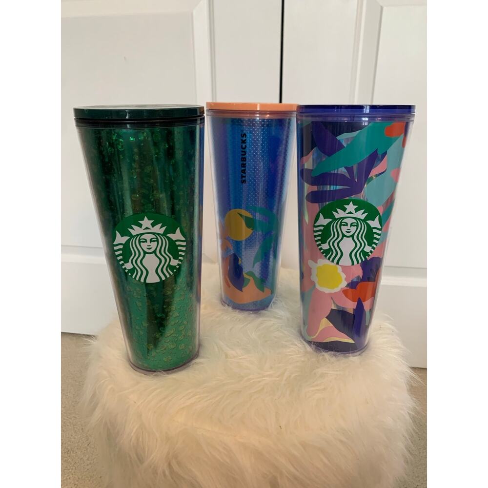 Bundle Of 3 Vintage Starbucks Tumblers- Mermaid Island, Holiday Green, And Flora